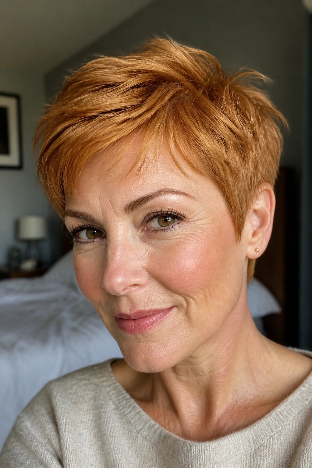 Close-up portrait of a real woman with a ginger-gold pixie cut, warm copper tones around temples and crown.