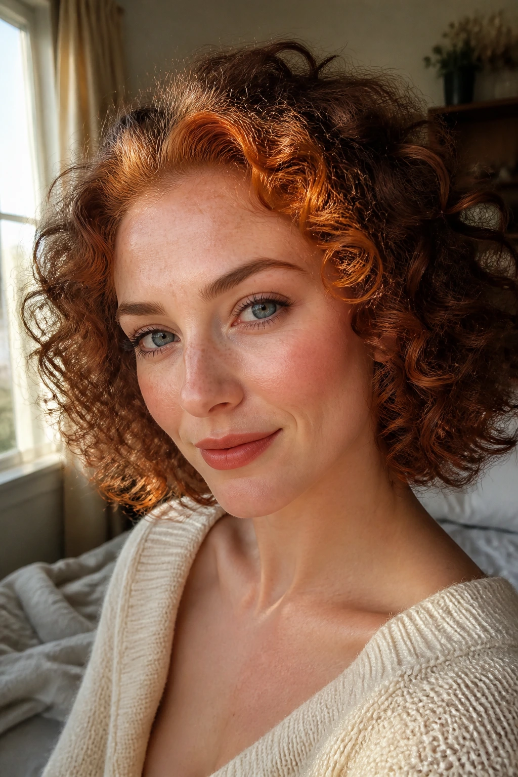 Close-up of a real woman with a ginger halo around the hairline framing the face