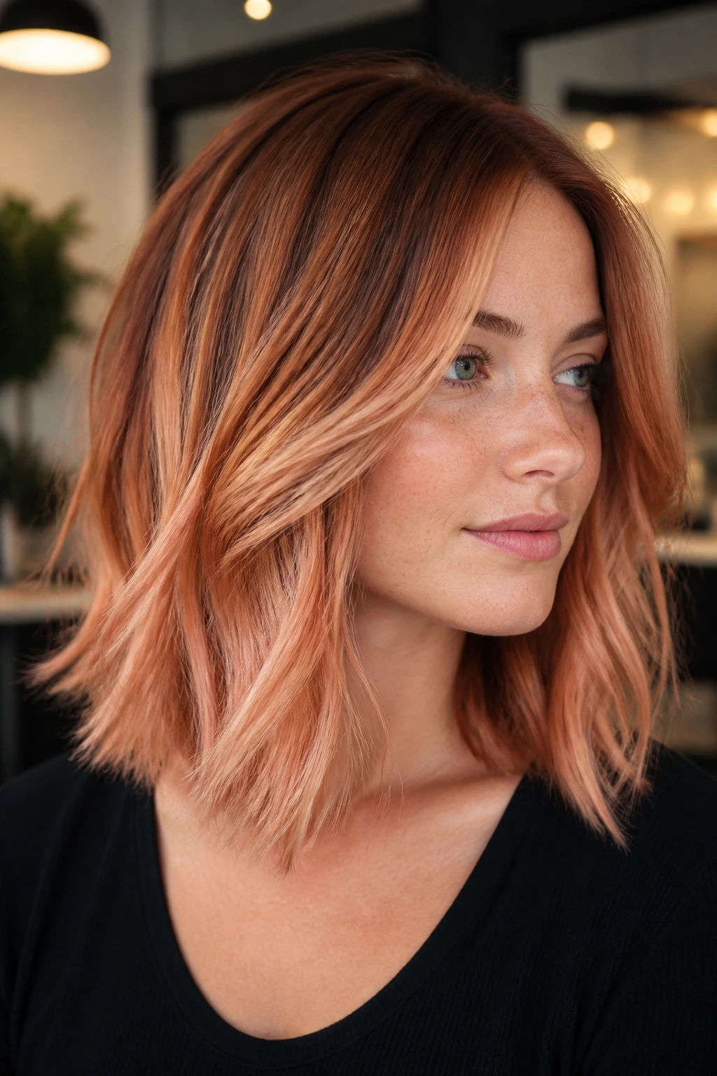 Close-up of brunette with ginger peach dimensional lob ribbons