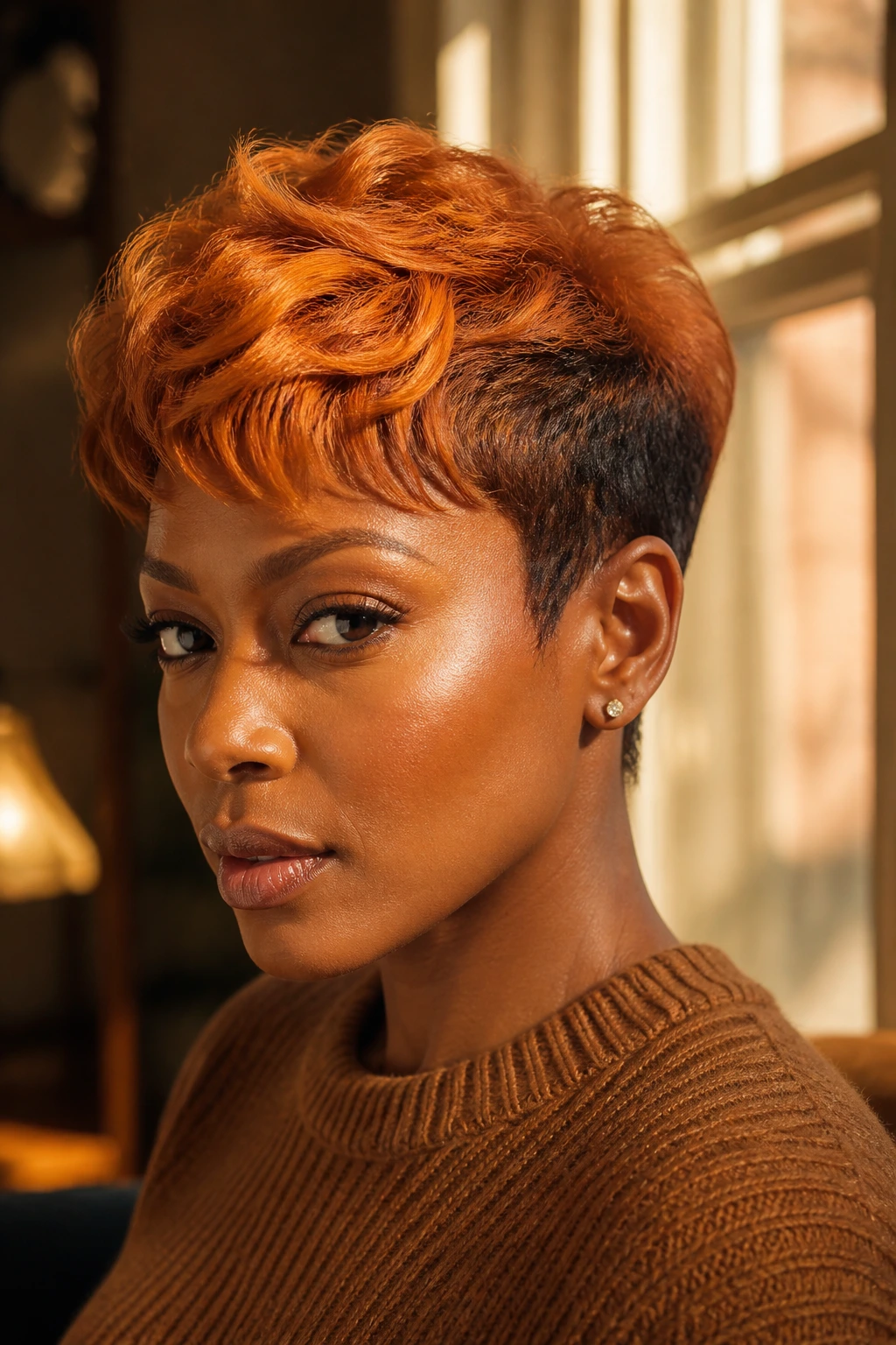 Close-up of a real woman with a ginger pixie haircut, warm copper tones.