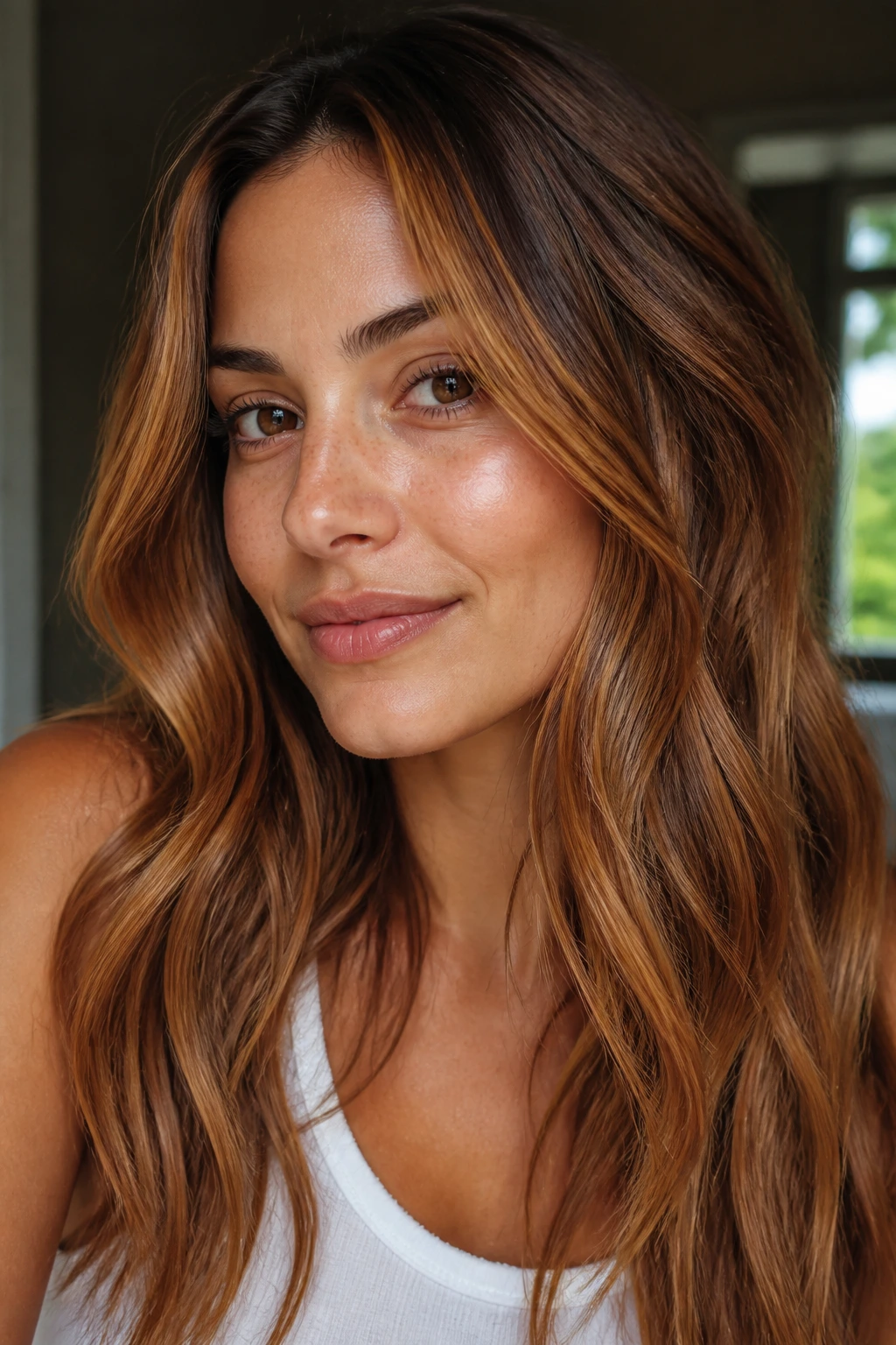 Close-up portrait with ginger ribbon highlights on olive skin