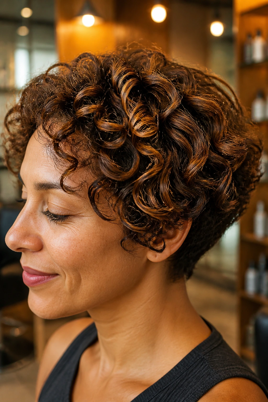 Close-up of a woman with short curly hair featuring ginger ribbon light highlights.