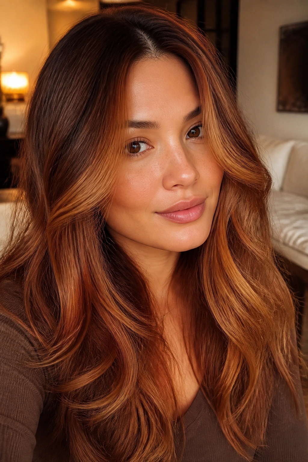 Close-up of a real person with Ginger-Root Caramel Blend hairstyle, copper roots fading to caramel.