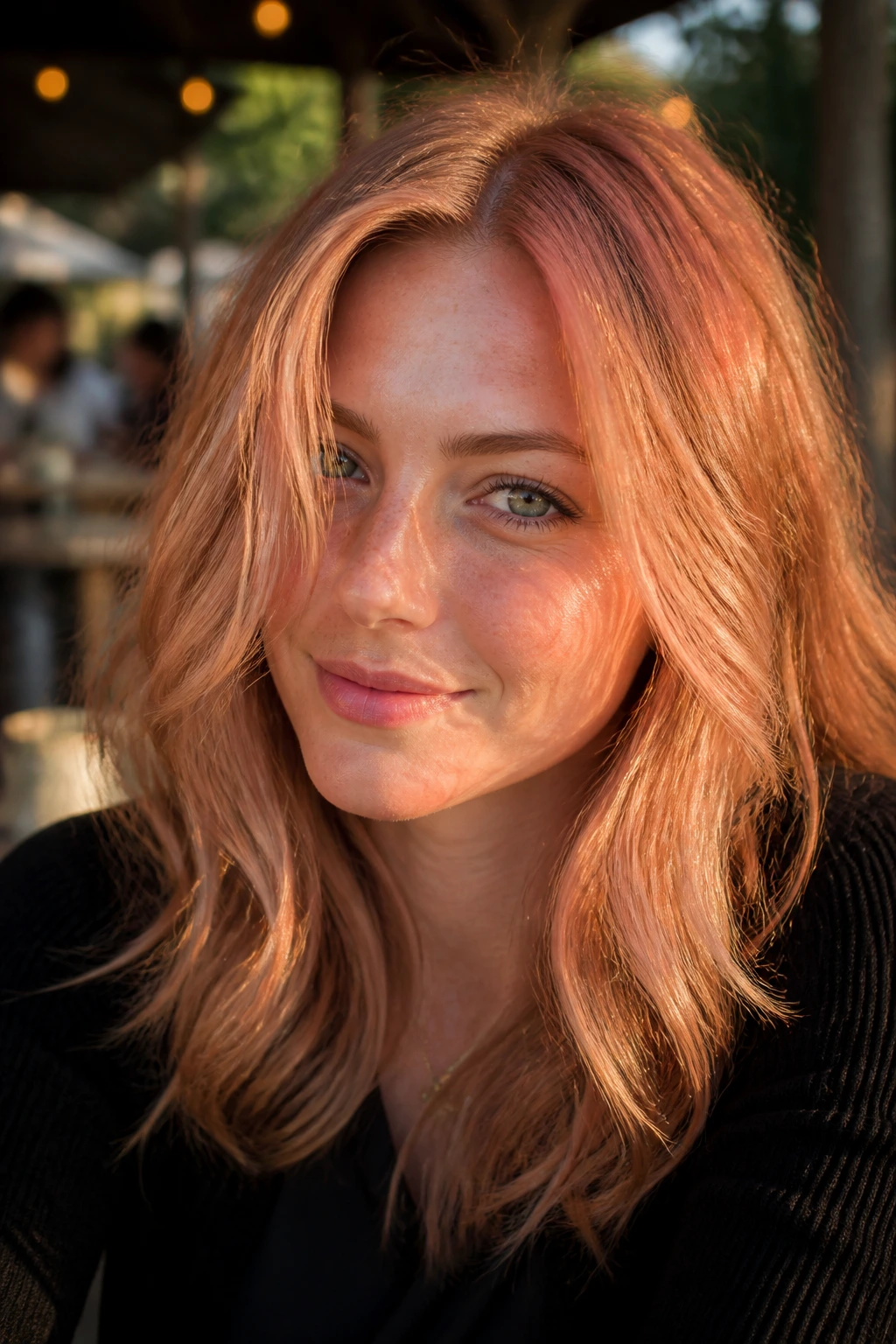 Portrait of woman with ginger-rose strawberry blonde hair.