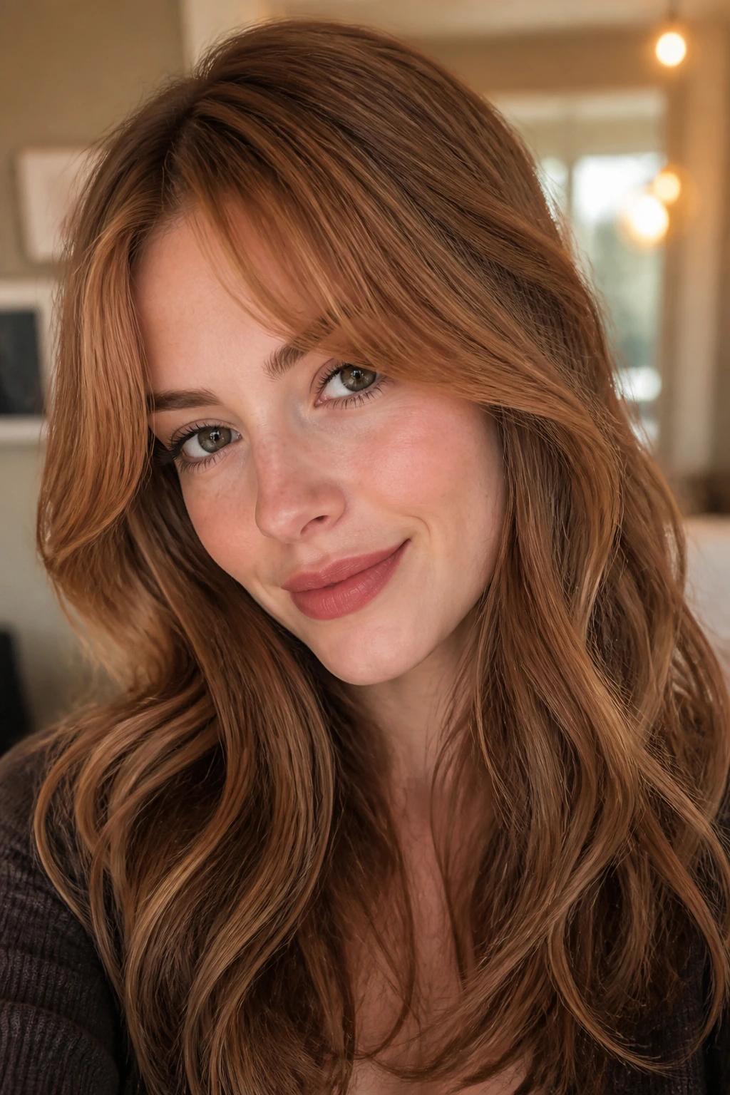 Close-up portrait of a real woman with Ginger-Spice Curtain Bangs hair color