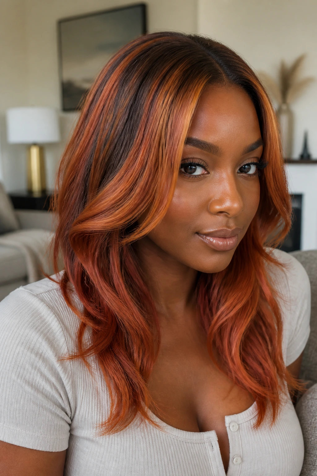 Portrait of a woman with ginger spice hair and brown roots