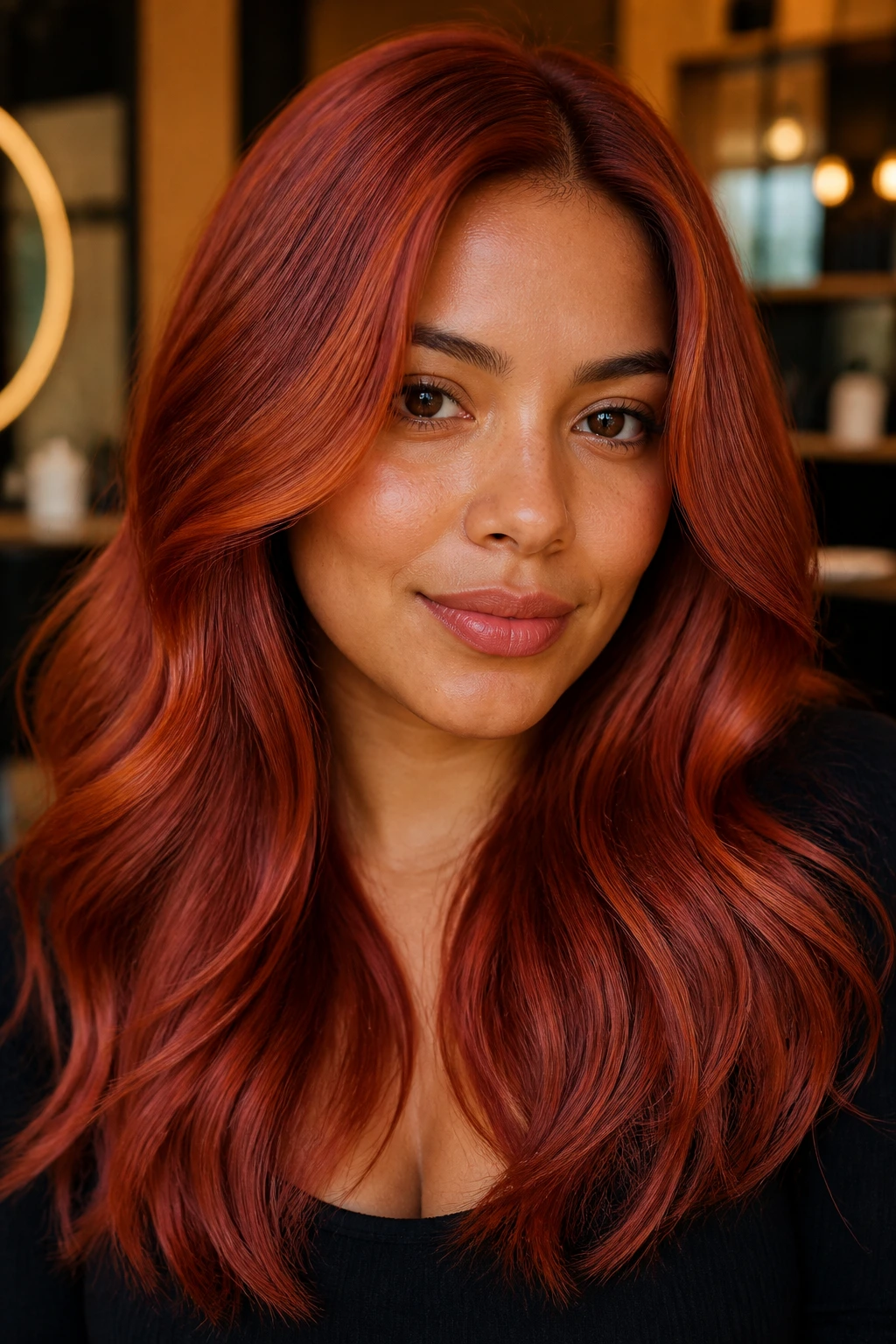 Full-head ginger strawberry color on a real woman with ginger depth and highlights