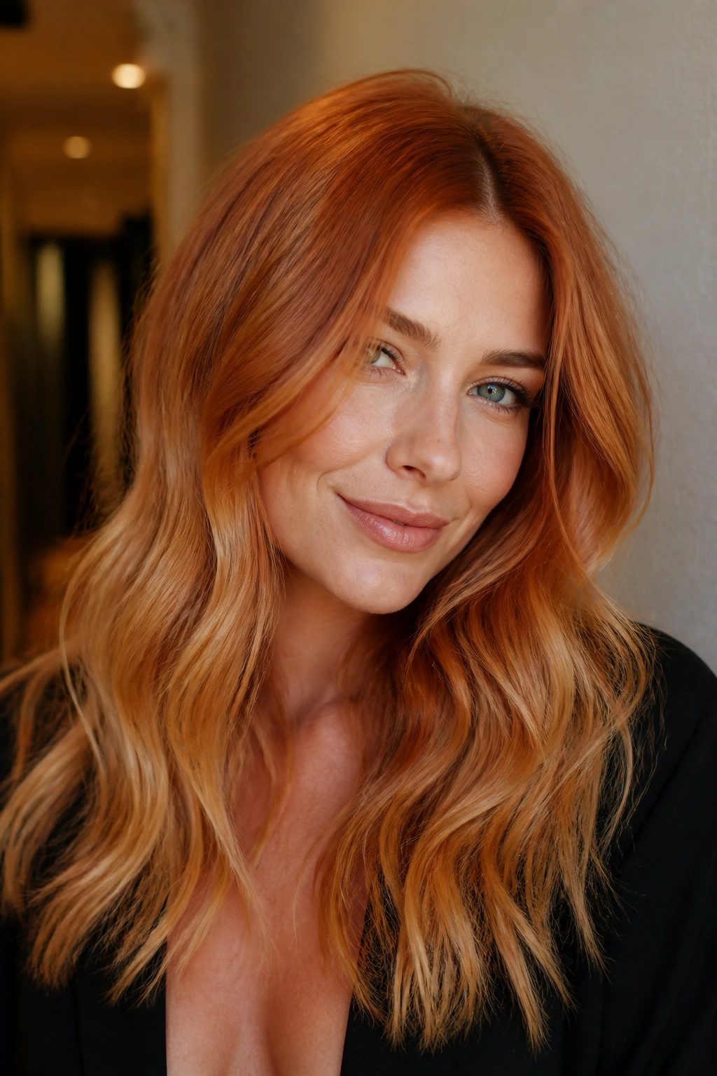 Close-up of a real woman with melted ginger strawberry blonde hair showing gradient from root to ends.