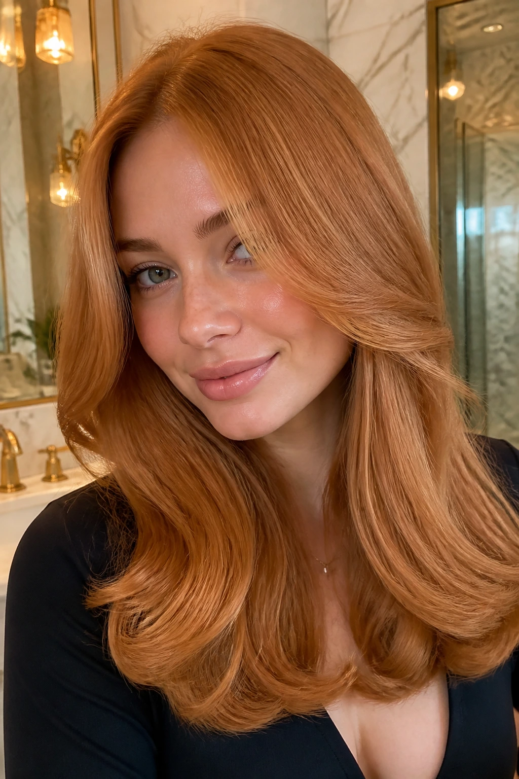 Close-up portrait of a real woman with a polished ginger strawberry blowout.