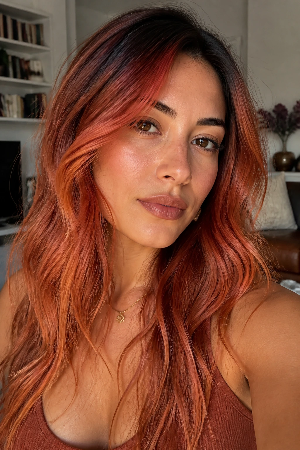 Close-up of ginger strawberry waves with dark roots on a real person