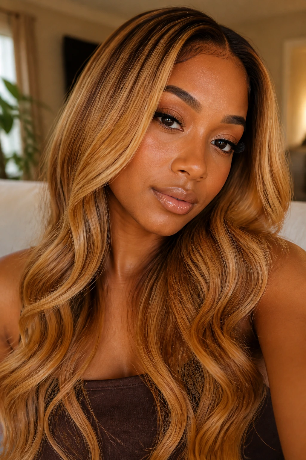 Close-up of a person with gingerbread blonde melt color gradient from root to ends.