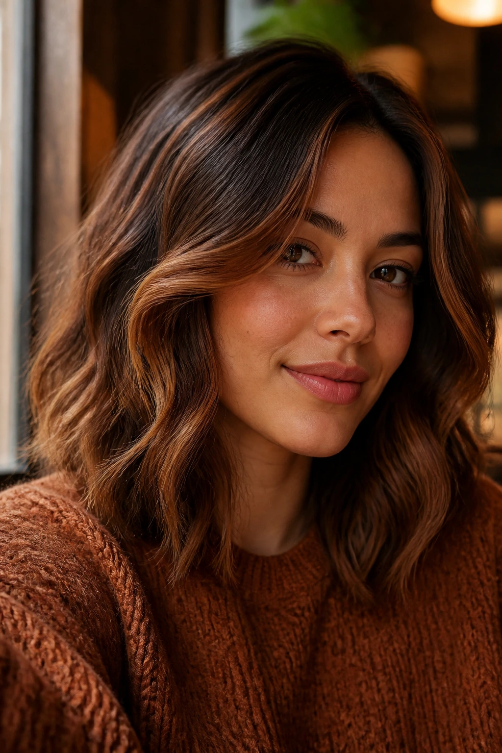 Real person with gingerbread brunette hair showing warm glow and texture