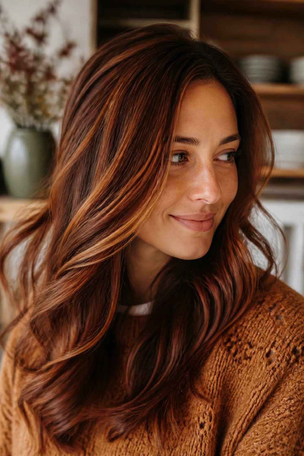 Close-up of a real woman with Gingerbread Ribbon Highlights; red-brown base with spice ribbons