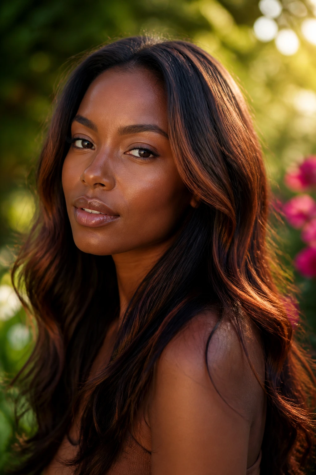 Close-up portrait of a real woman with gingered brown highlights