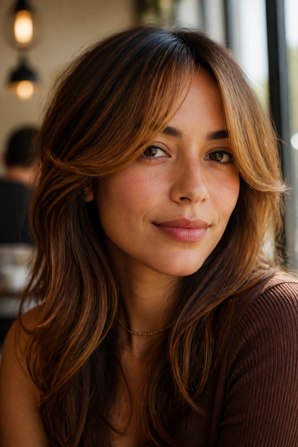 Close-up of a real woman with gingered caramel curtain bangs in a sunlit cafe.