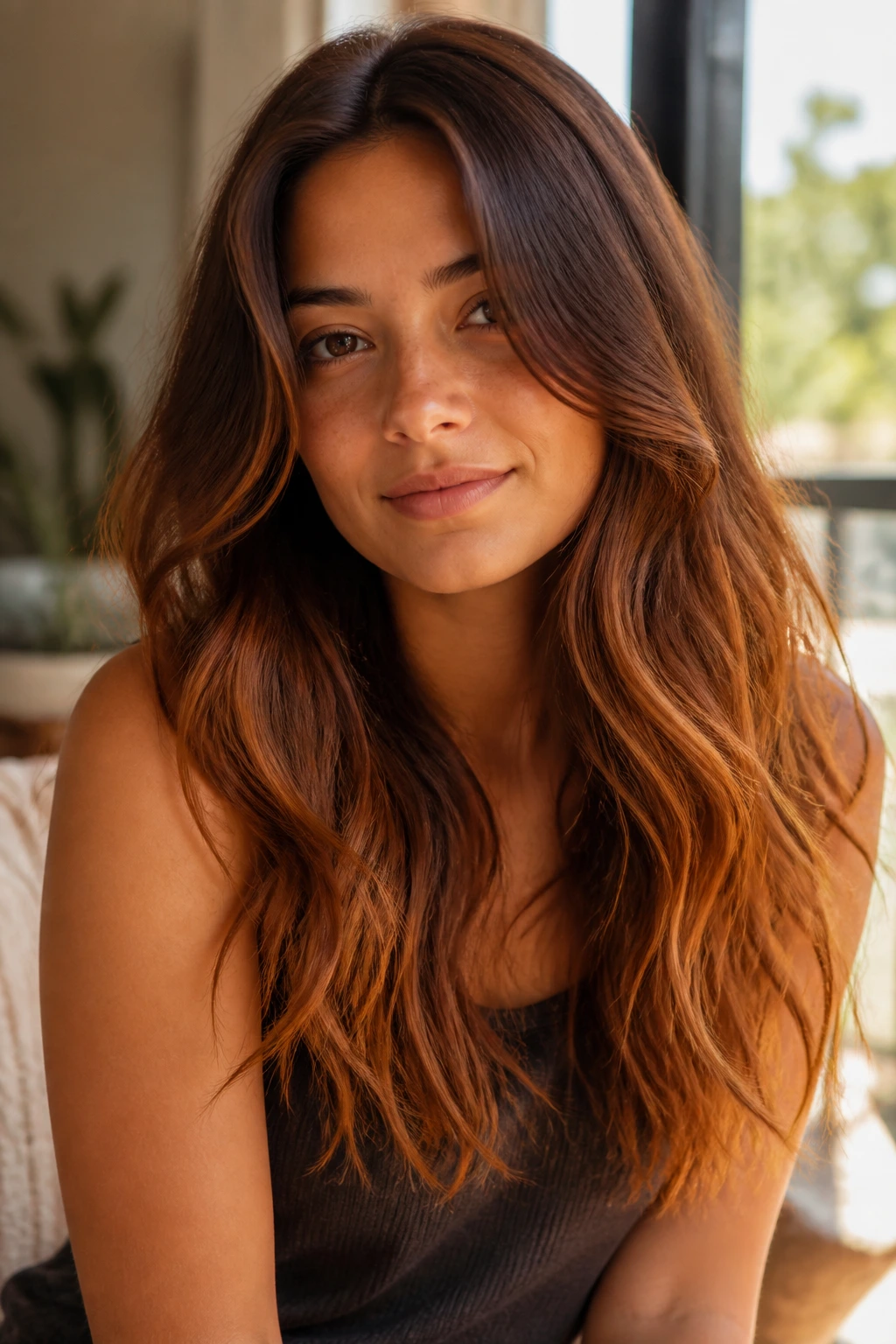 Close-up of gingered chestnut long hair on a real woman.