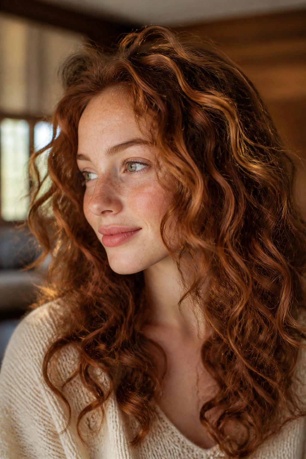 Close-up of curly hair with gingered cinnamon tones and gold flicks around the crown and hairline.