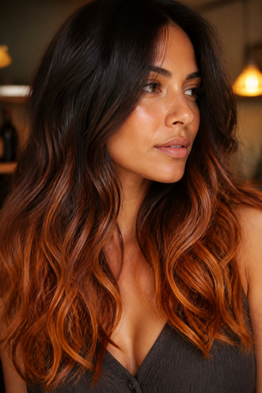Real woman with gingered ends ombre in brunette hair
