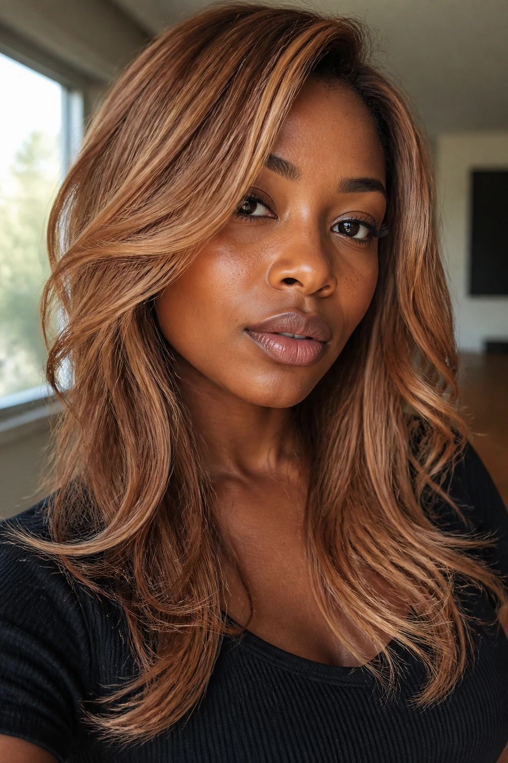 Close-up of a real woman with sunkissed gingersnap layered hair