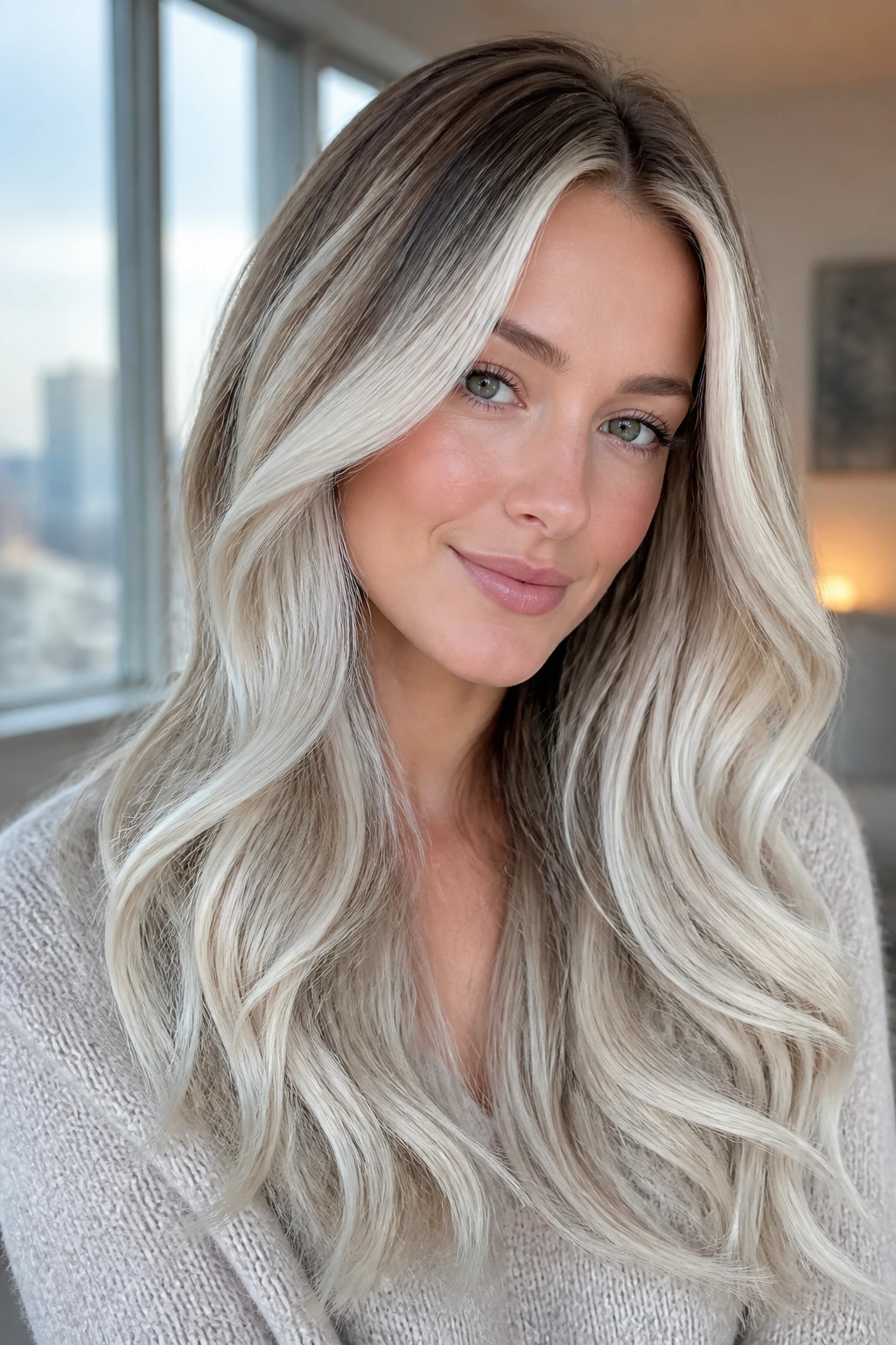 Close-up of a real woman with Glacier Balayage Long Layers and face-framing ribbons