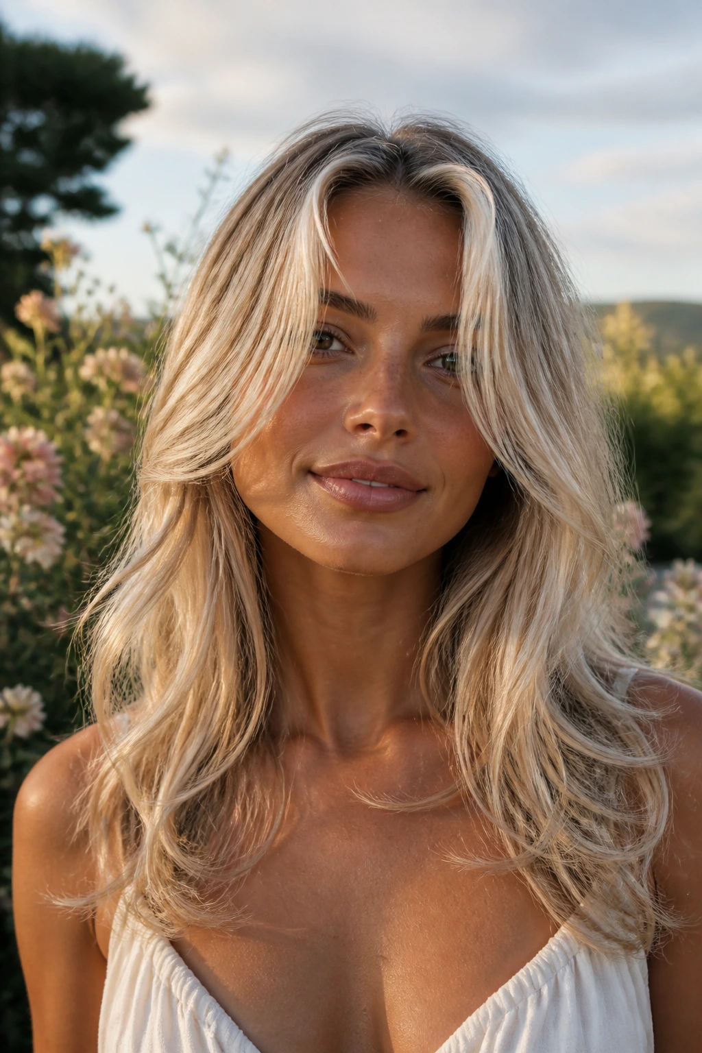 Close-up of a real woman with glacier blonde butterfly layers on tan skin