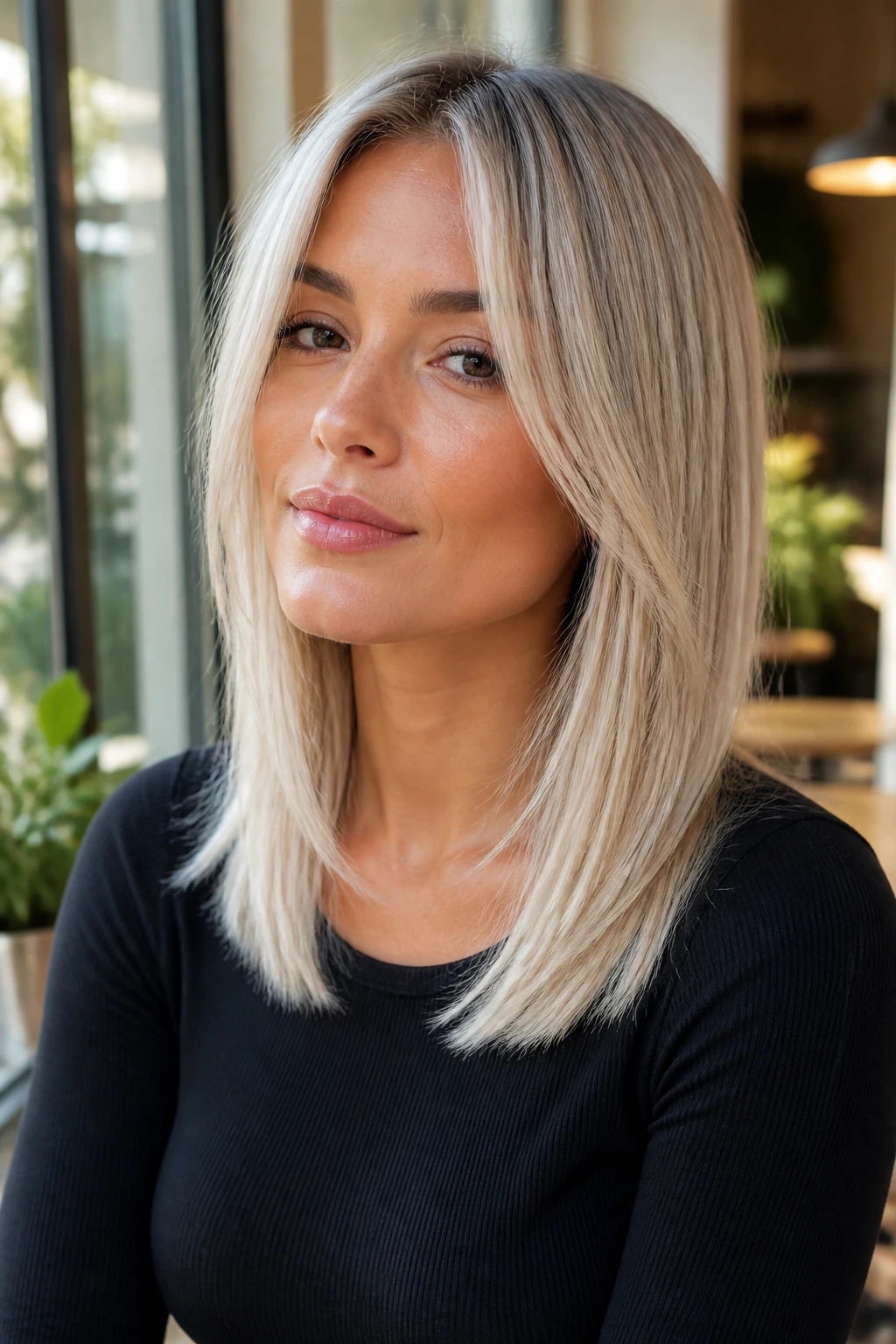 Close-up of a real woman with glacier blonde straight layers.