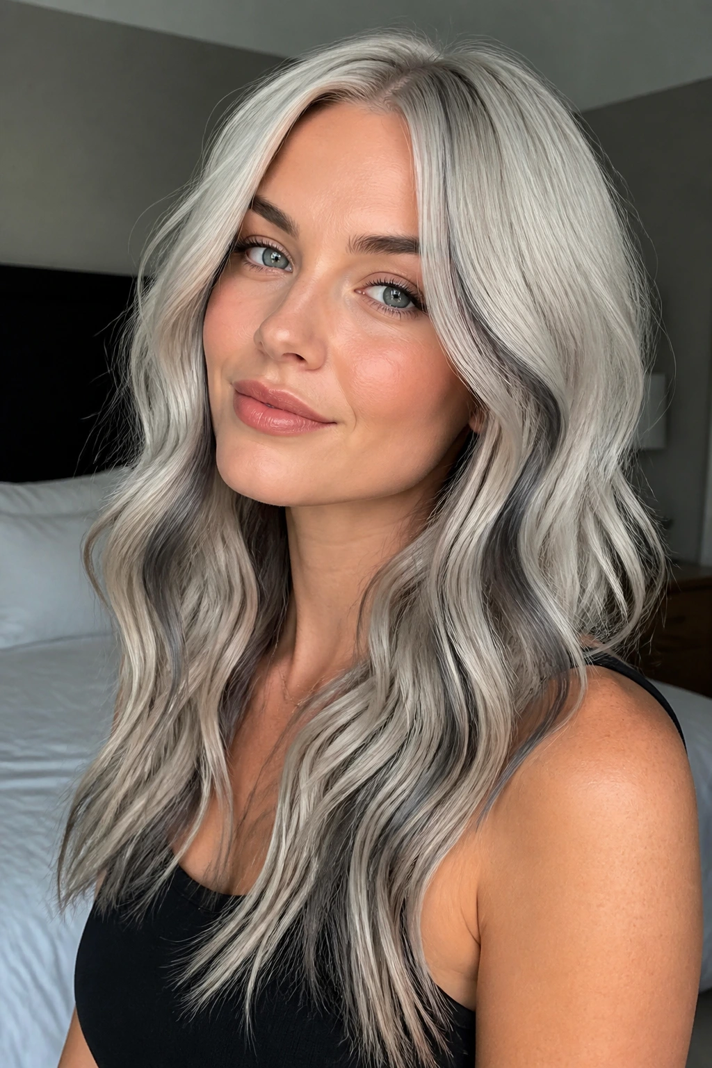 Close-up portrait of a real woman with glacier blonde hair and smoky panels highlighting waviness