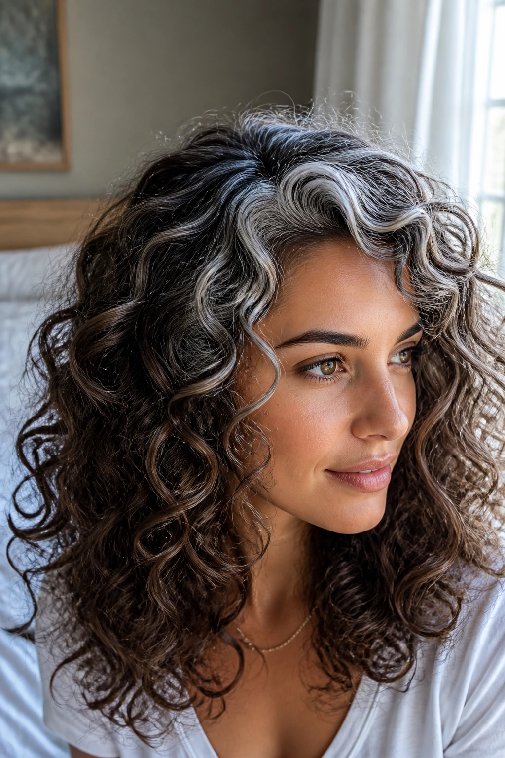 Close-up of brunette curls with glacier crown highlights at the top