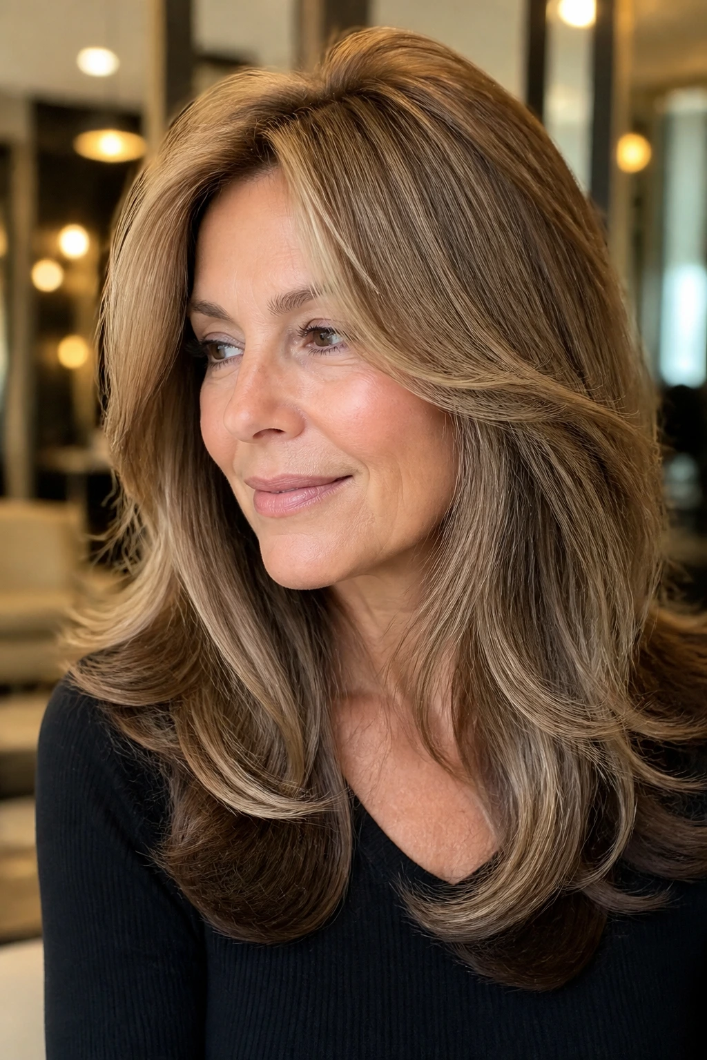 Close-up portrait of a real woman with cocoa lowlights and blowout layers