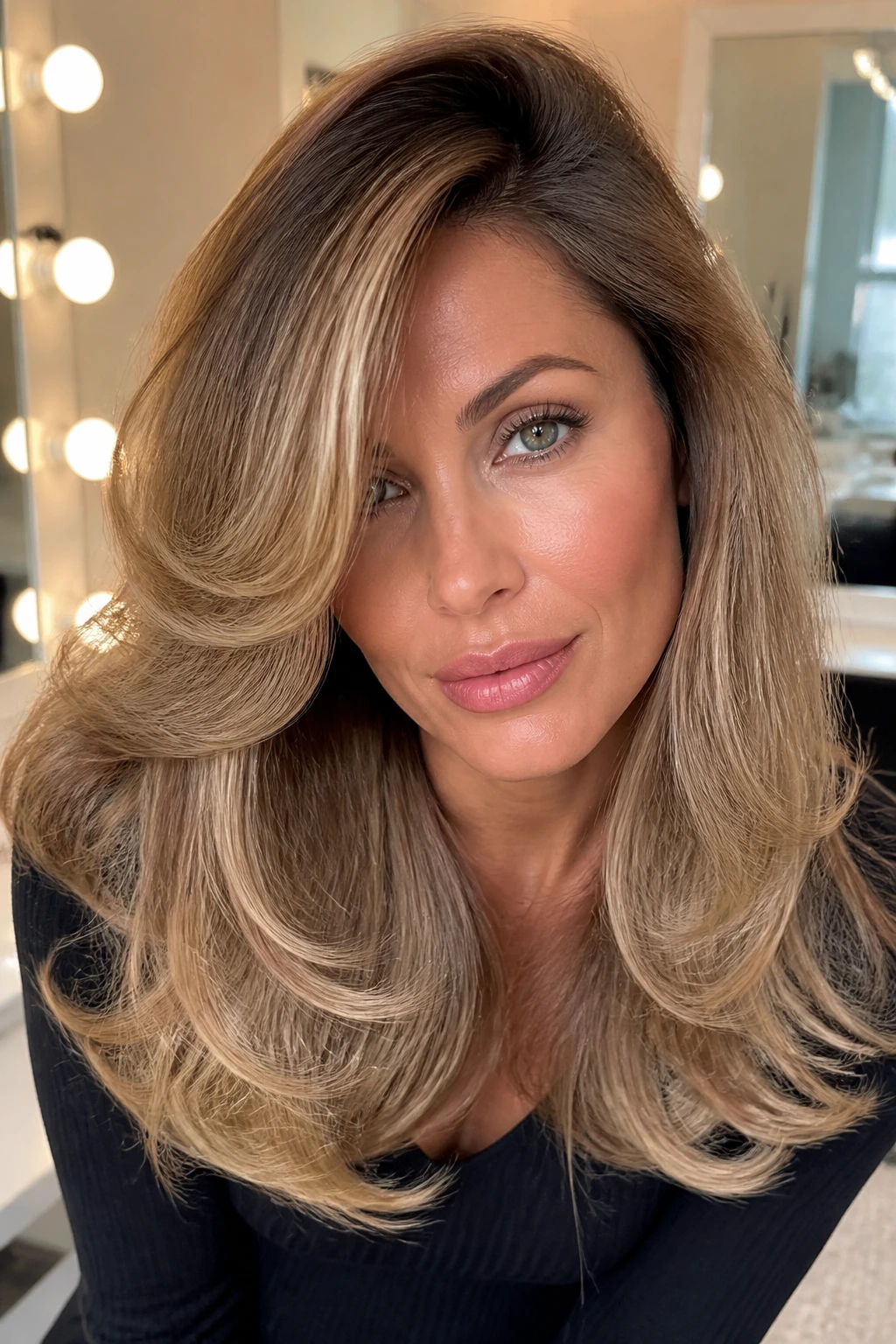 Close-up portrait of a real woman with glamorous blowout layers and a wide part