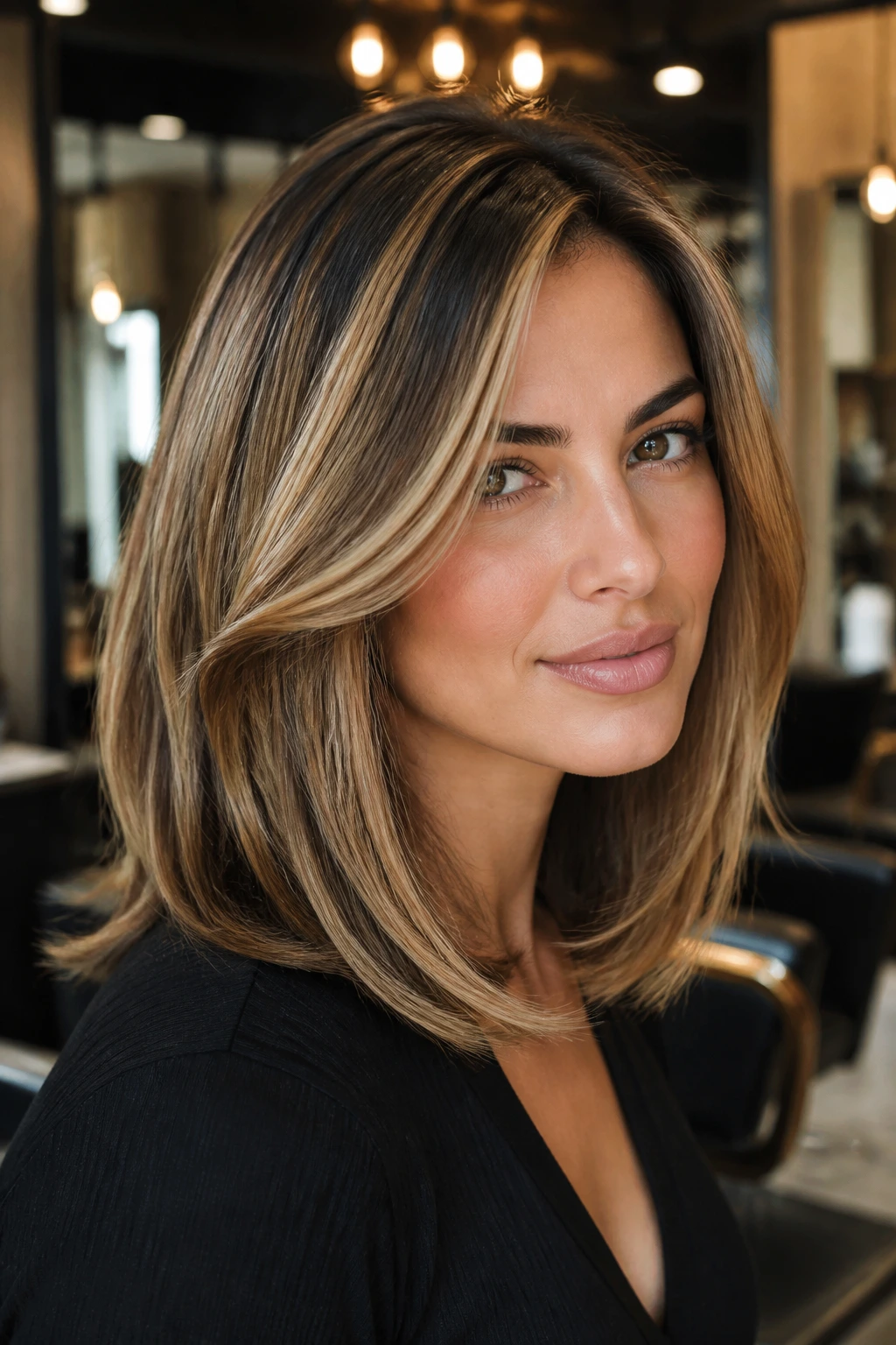 Close-up of a real woman with glam caramel blowout lob and caramel lowlights in a modern salon setting.