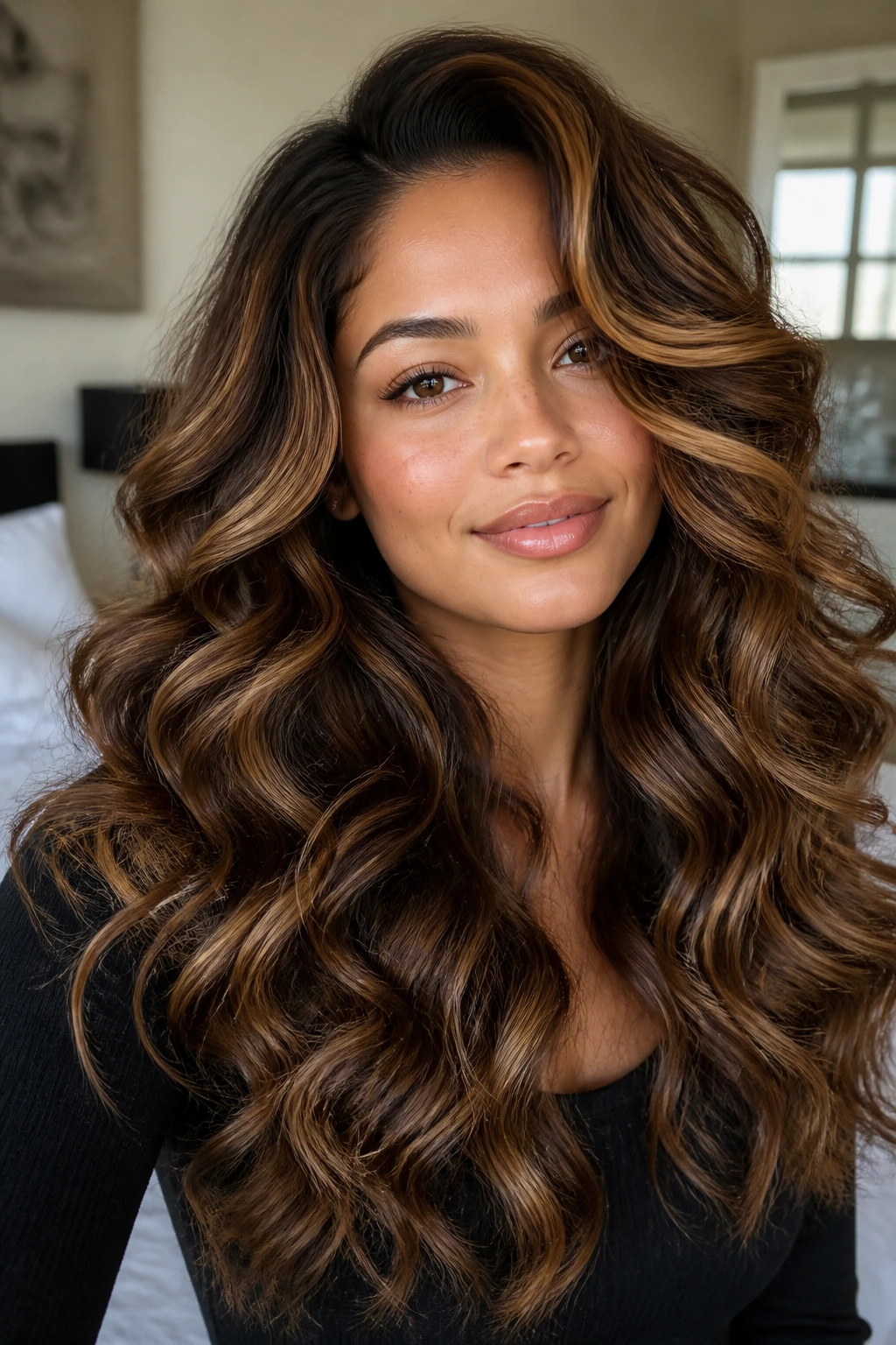 Close-up of a real woman with glam curls and caramel highlights