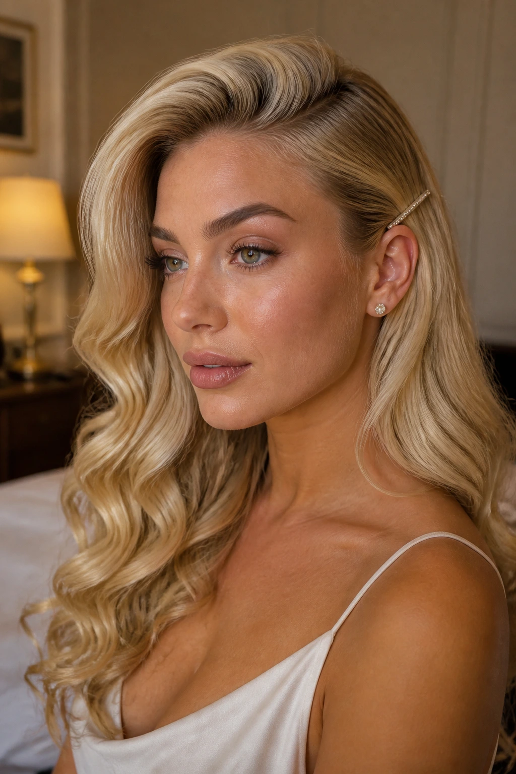 Real woman with side-parted glam curls in pale blonde, ear tucked