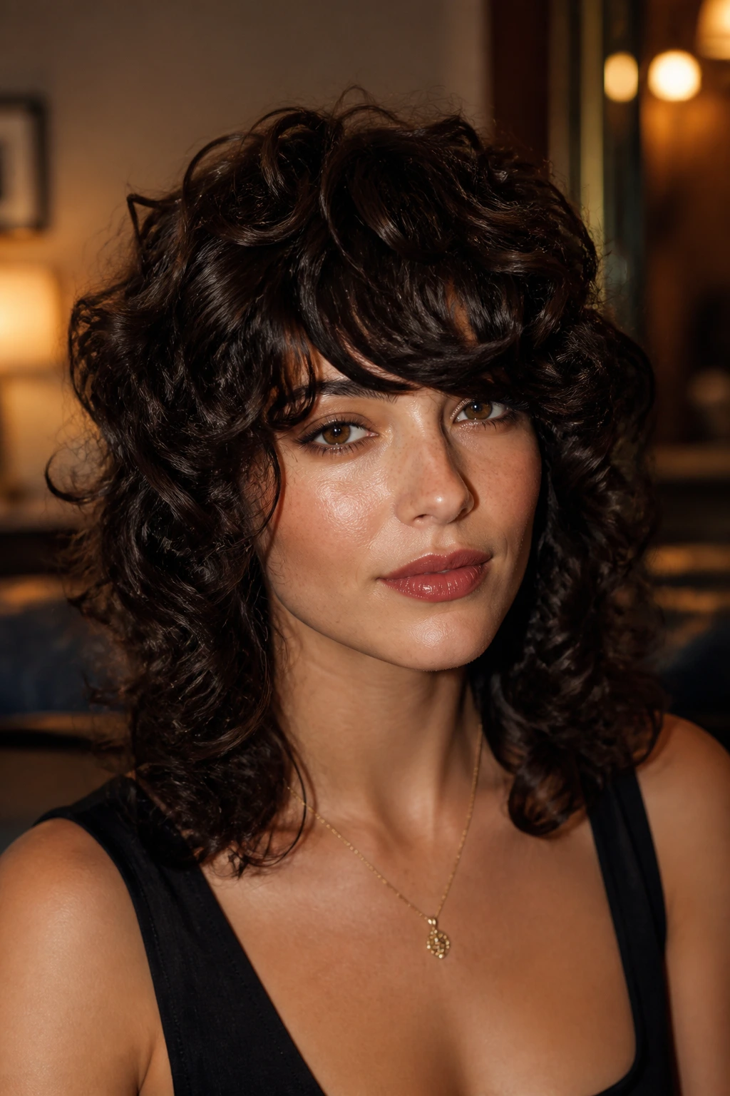 Close-up portrait of a real woman with glam curly shag and polished ends