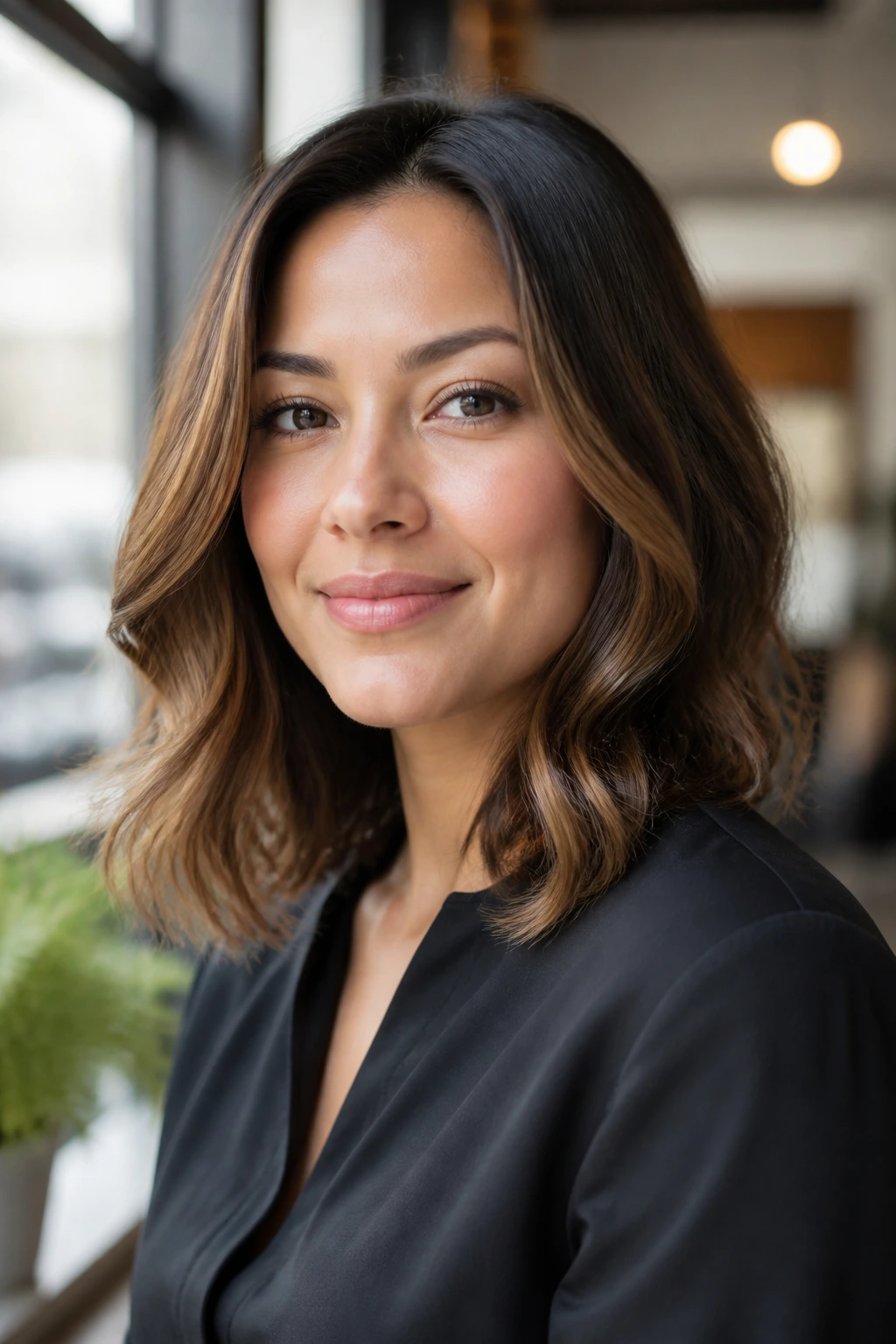 Portrait of a woman with a quiet glam lob and polished bends
