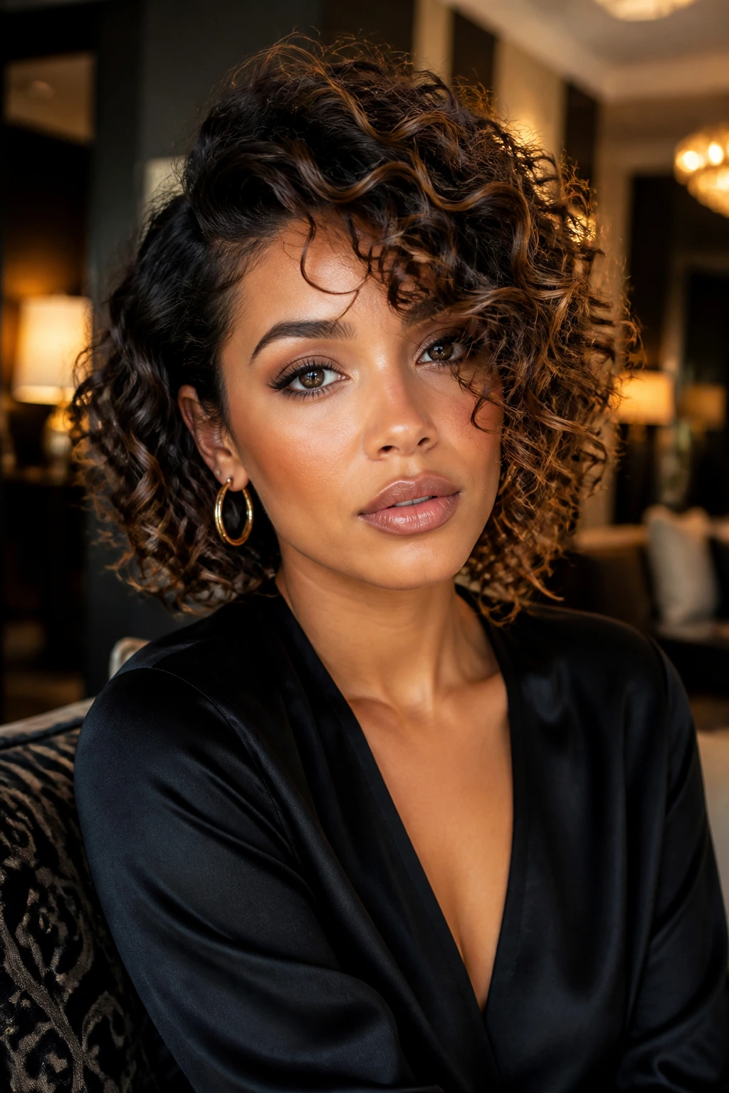 Portrait of a woman with glam lob and defined side ringlets.