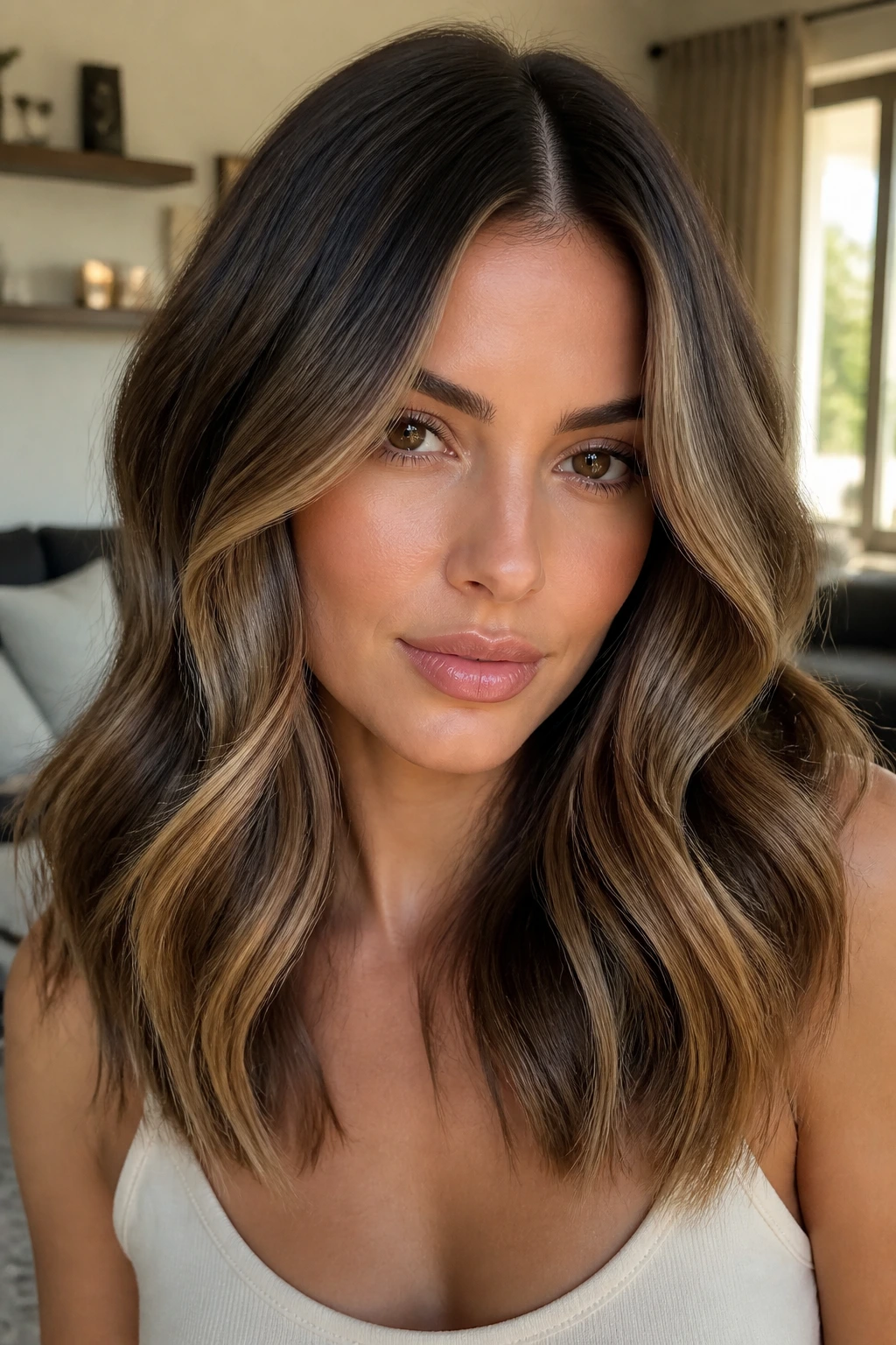 Close-up portrait of a real woman with glamour middle-part waves and caramel ribbons
