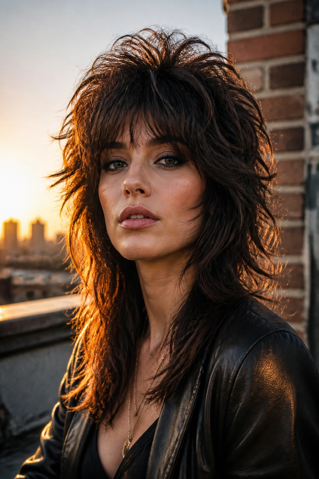 Close-up of a real person with a glam rock shag and big volume hairstyle.