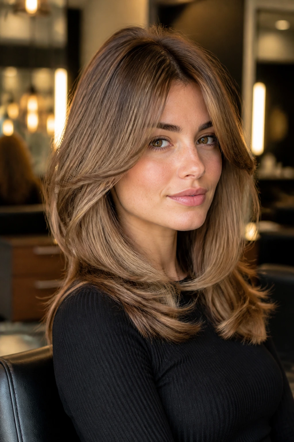 Real person with glam blowout shag showing crown volume and smooth ends