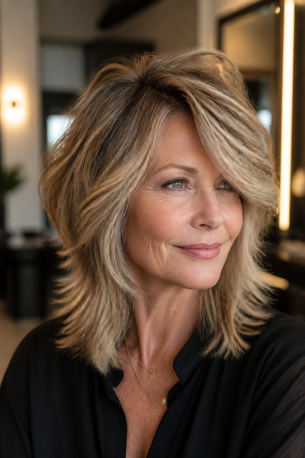Portrait of real woman with deep side part glamour shag and lifted crown