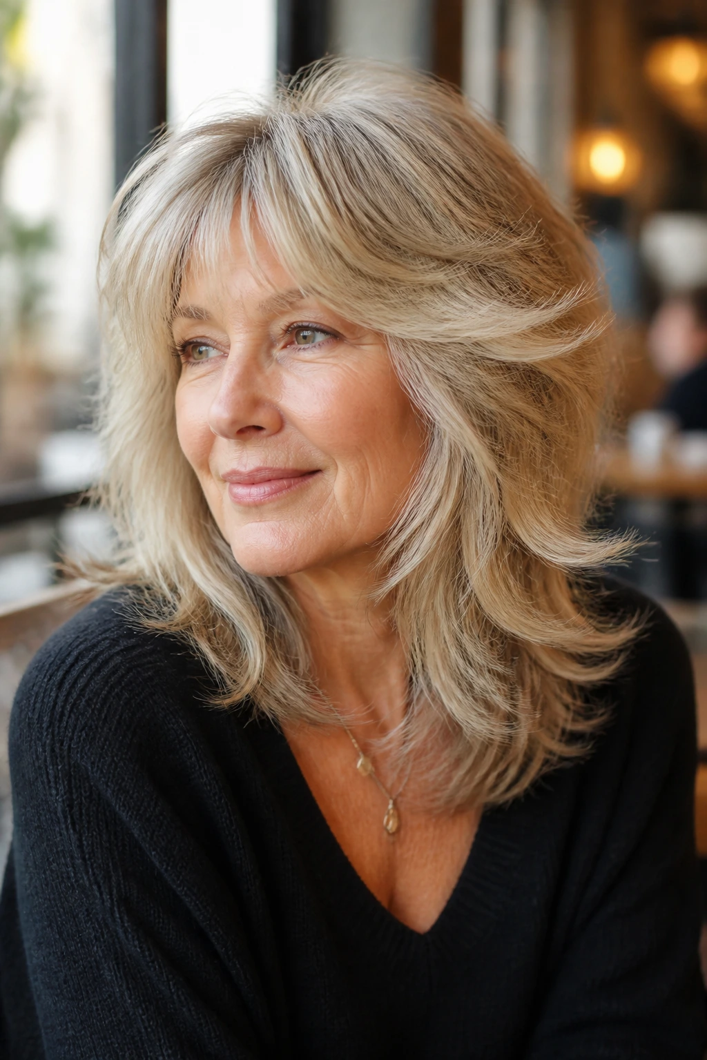 Close-up of a real woman with brushed-out glam shag in a cafe setting