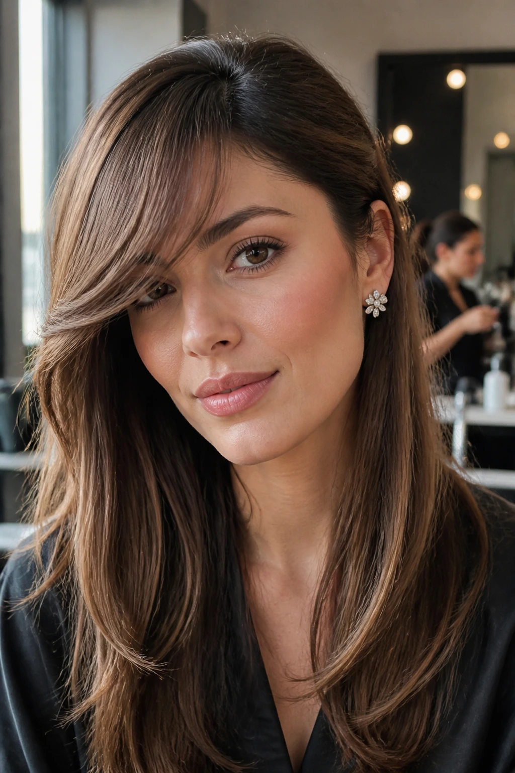 Portrait of woman with glam side bend bangs in chic setting