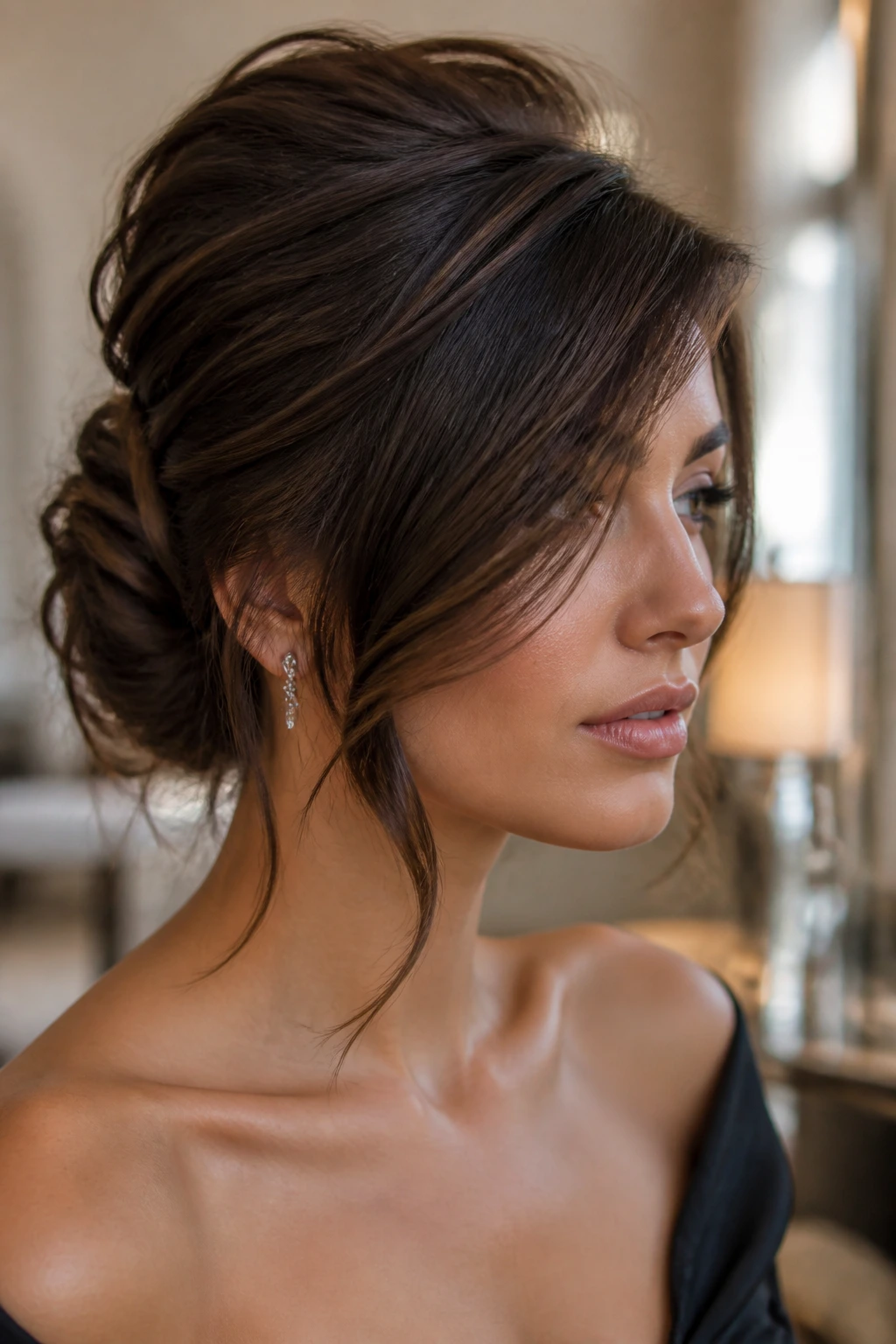Real woman with long side fringe brushed into an updo with a chignon