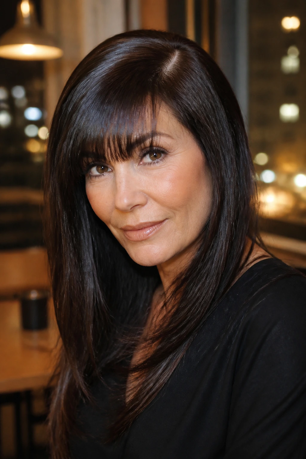 Close-up of a real woman with a glam side-part and straight fringe