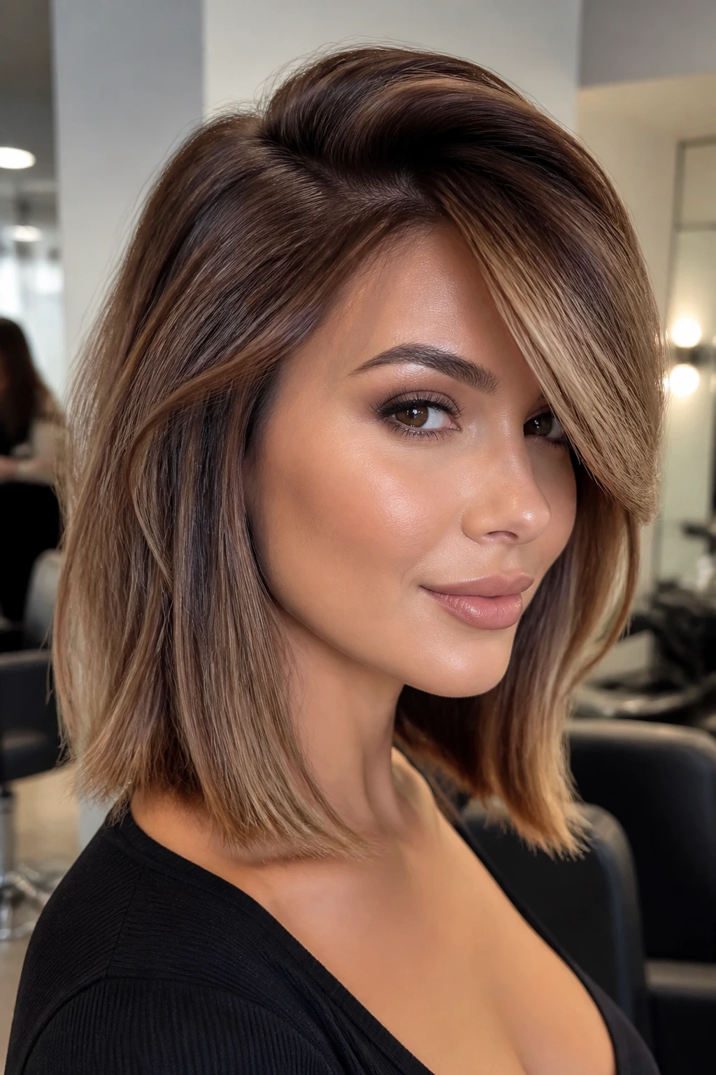 Portrait of a real woman with a deep side part and lifted roots in a glamorous side sweep