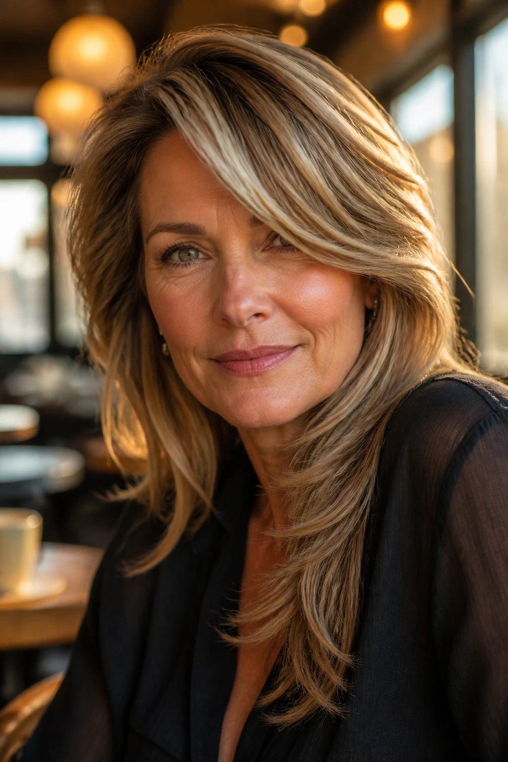 Close-up of a real woman with glam side-swept layers in golden hour cafe light