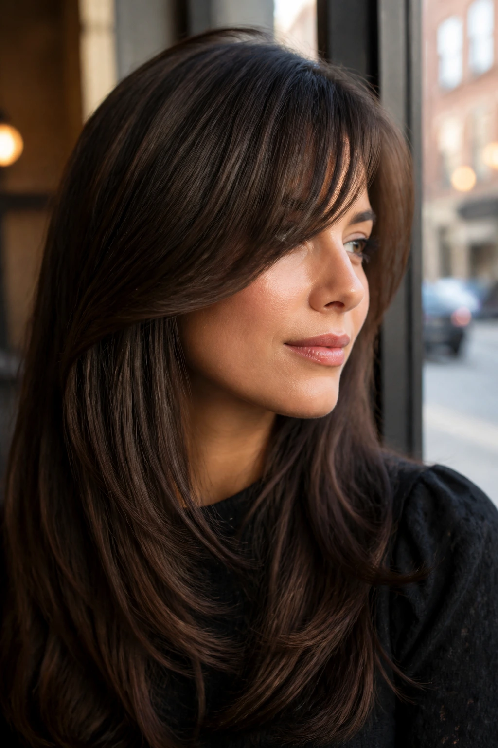 Close-up of a real woman with glam sweep bangs cascading to one side in natural cafe light.