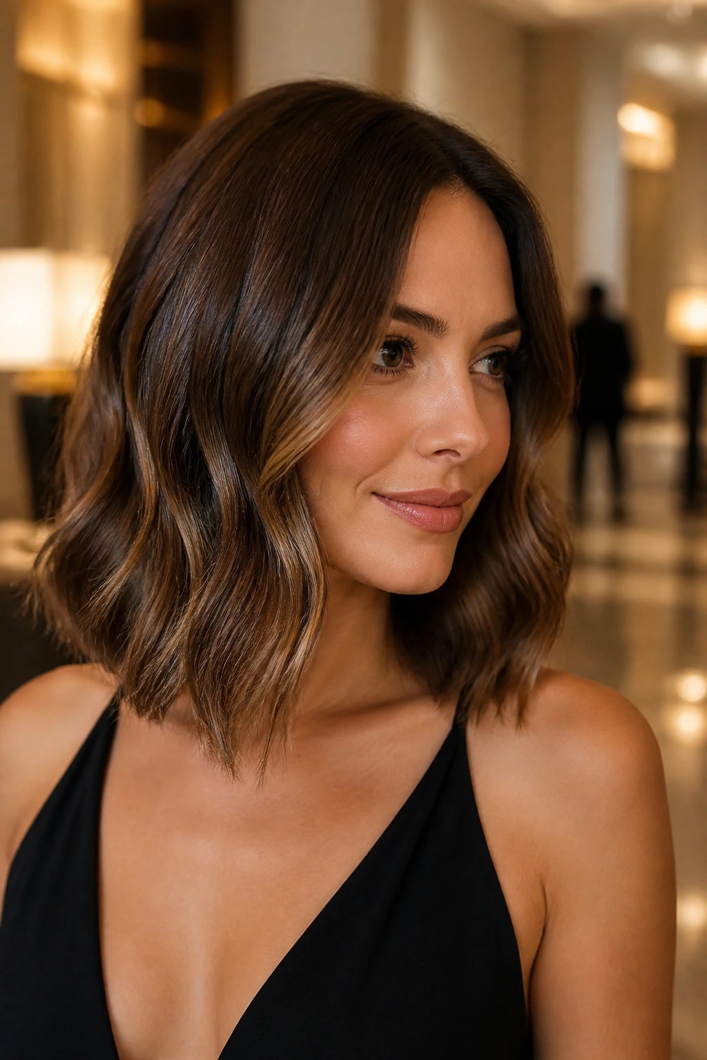 Close-up portrait of a real woman with glam waves lob hairstyle in an elegant setting