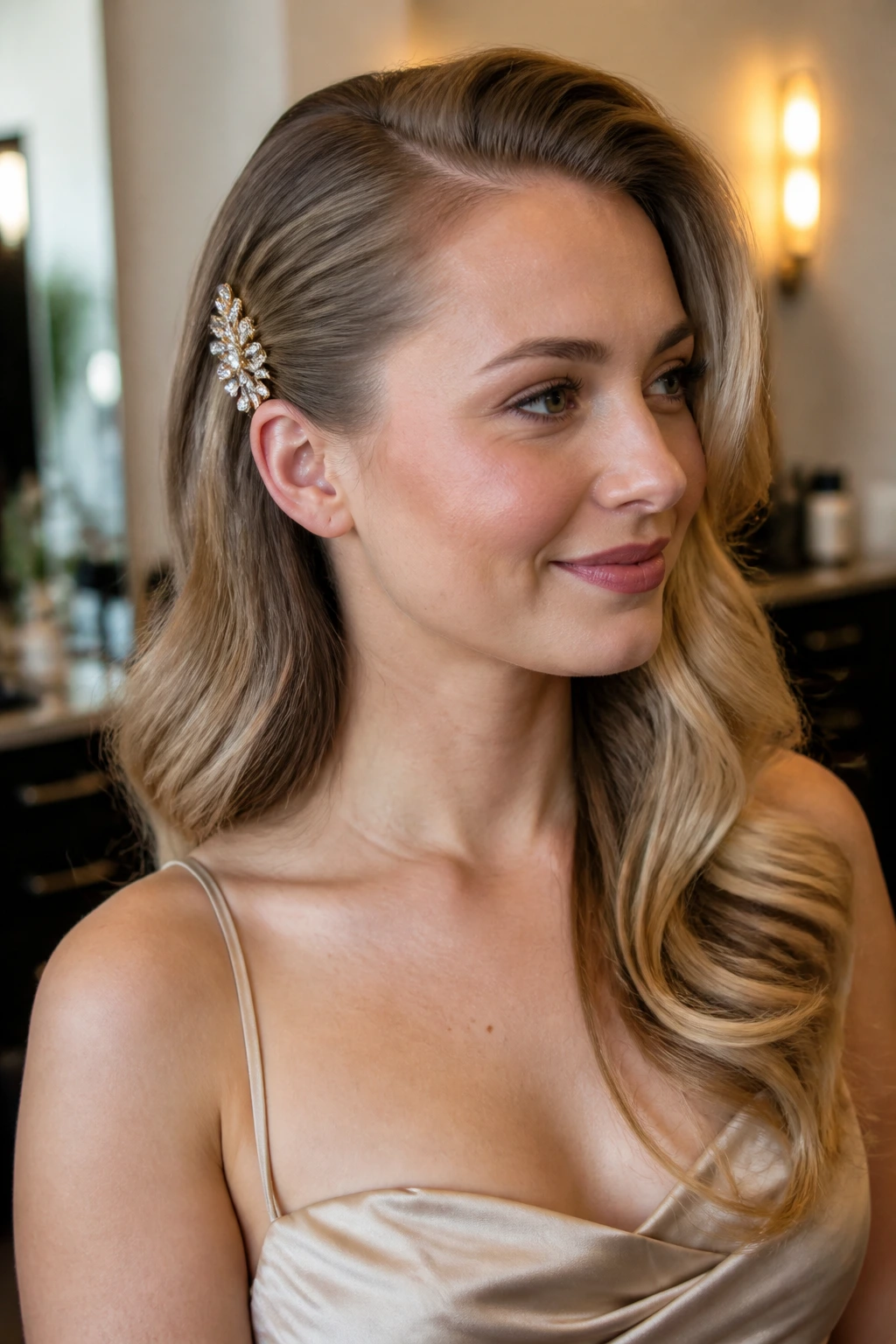 Glam waves swept to the side with a jeweled clip on a real woman's head