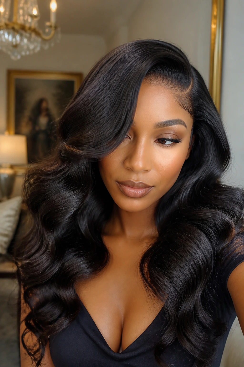 Real woman deep side-part glam waves sew-in